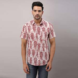 100% Cotton Casual Red <b>Shirt</b> for Men Ethnic Floral Motifs <b>Button</b>-Up Collar Breathable Poplin Linen Fabric Size 6XL Denim Woven - Product Image 2