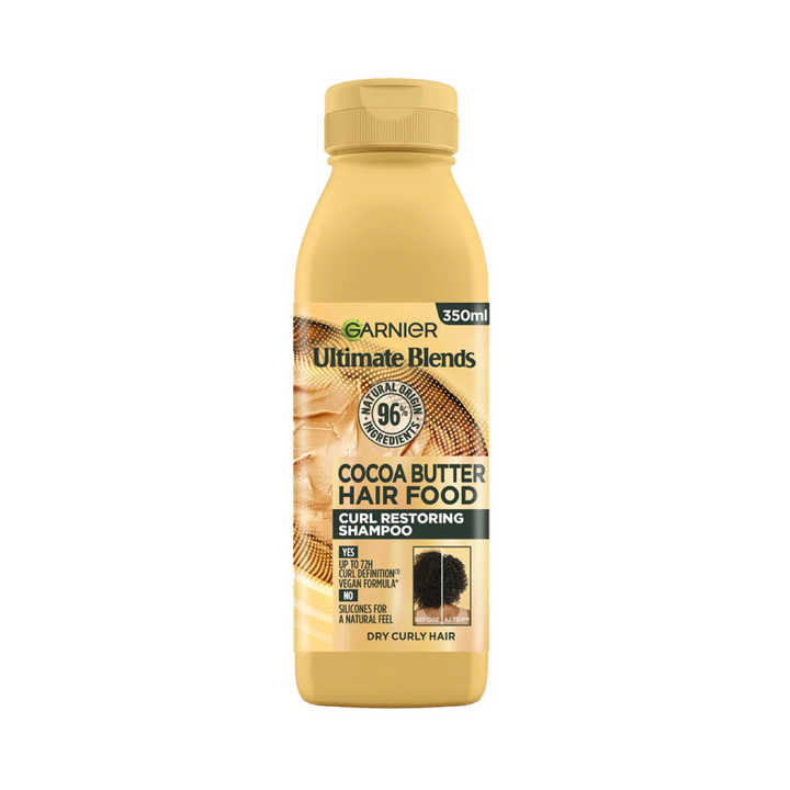 Cleanse and define your curls with Garnier Ultimate Blends Hair Food 350ml Shampoo Cocoa Butter formula