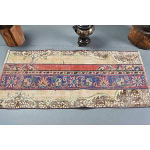 Alfombra turca vintage de 2,2x5,1 pies, lana azul beige hecha a mano con pelo de felpa, altura, forma rectangular, patrón abstracto para dormitorio - Product Image 3