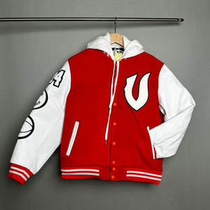 Veste universitaire pour homme, fabricant OEM, veste de baseball chaude d'hiver, bomber, manches en cuir, logo brodé - Product Image 3