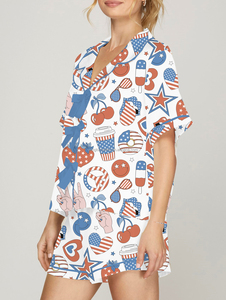 <strong>Patriotic</strong> Independence Day <strong>Short</strong> Sleeve Shirt <strong>Shorts</strong> Two Piece Striped Star Heart Print Pajama Set Women - Product Image 6