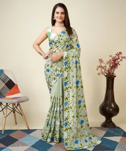 Più attraente usura del partito morbido chiffon di seta del ricamo di lavoro saree con la camicetta pezzo indiano donne indossano sari prezzo basso