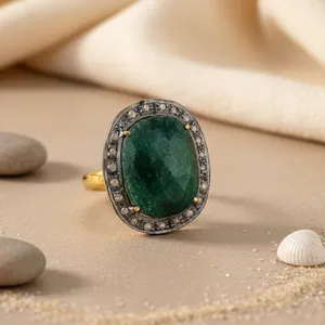 Anillo Vintage Chapado en Oro para Mujer, con Esmeralda, Diamante, Halo de Perlas, Certificado IGI, Estilo Clásico, Joyería de Boda, Diseño Floral - Product Image 2