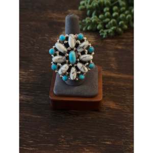 Navajo-Handmade Trendy Sterling Silver Multi-Stone <b>Adjustable</b> Cluster <b>Ring</b> Turquoise Bezel One Size Fits All Perfect Gift - Product Image 1
