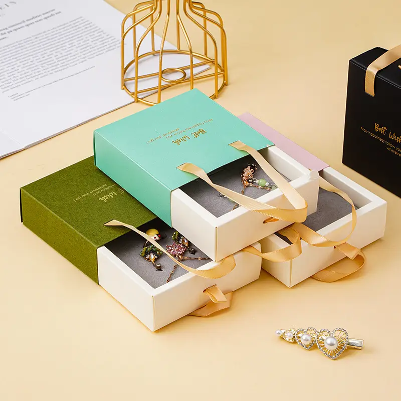 Custom Printing Ring Watch Earrings Luxury Sliding Drawer Paper Packaging Boxes With Handle Bag