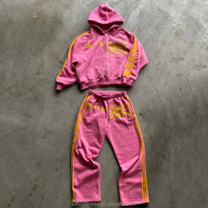 Sérigraphie personnalisée Rayures brodées Lavage vintage à double capuche Sweat à capuche court avec fermeture éclair Pantalon de survêtement Baggy à ourlet brut Survêtement - Product Image 6