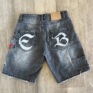 SENSEL SPORTS Customized Men's Denim Shorts Painted Acid Wash Distressing Effects Flower Embroidery Leather Patch Zipper Button - Product Image 2