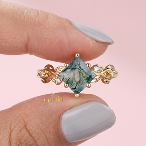 Anillo de Compromiso de Oro de 18K con Ágata Musgosa, Anillo de Hoja de Diamante con Ágata Musgosa Verde Natural, Anillo de Promesa Nupcial de Lujo para Mujer - Product Image 6