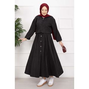 Conjunto de Chaqueta Bomber Negra y Falda de Crepé con Botones, Estilo Formal-Casual para Verano, Top Corto de Gasa Tejida hasta el Tobillo - Product Image 1