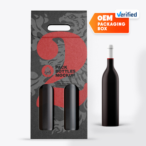 Caja de papel Kraft rígida de vino con impresión personalizada completa con asa y diseño de escaparate troquelado de ventana - Product Image 1