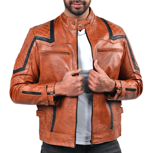 Chaqueta clásica de motociclismo de cuero marrón genuino para hombre, chaqueta de moto de cuero de carreras de pista protegida blindada CE para hombre - Product Image 1