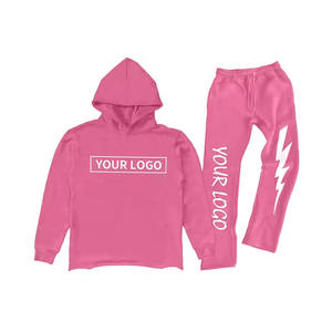 Conjunto de chándal de lana lavado con ácido con logotipo personalizado 2024, chándal de algodón 100% para hombre, ropa de calle, pantalones de chándal acampanados y chándal con capucha, - Product Image 2