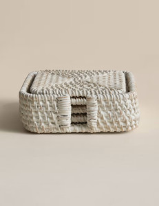 Ensemble de dessous-de-verre en rotin blanc artisanal avec boîte de rangement, boîte à bibelots carrée en osier décorative avec couvercle - Product Image 4