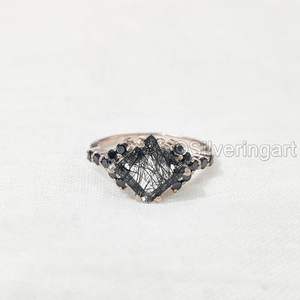 Anillo de mujer Rutilo negro natural y piedra preciosa de espinela negra Anillo de compromiso delicado de Navidad Joyería Anillo de plata esterlina 925 - Product Image 2