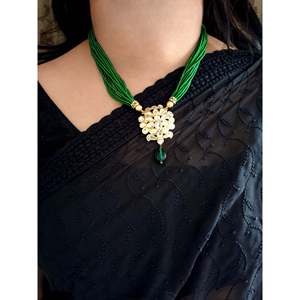 Ensemble de collier et boucles d'oreilles en perles vertes Kundan Polki indiennes, bijoux de mariage traditionnels, mode ethnique, collier ras du cou, ton or, fournisseur - Product Image 2
