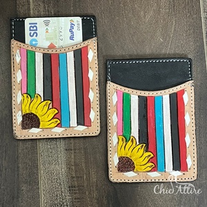 ที่ใส่บัตรหนังวัวแท้ทำด้วยมือกระเป๋าสตางค์มินิมอลลิสต์เคสการ์ด RFID มีช่องใส่บัตรดีไซน์ดอกทานตะวันหลากสี - Product Image 1