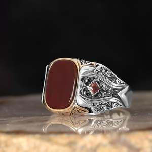 Azuris - Bague pour homme de style ottoman de haute qualité en argent sterling 925, bijoux de mode, pierre naturelle agate de Yamen, fabrication turque - Product Image 2