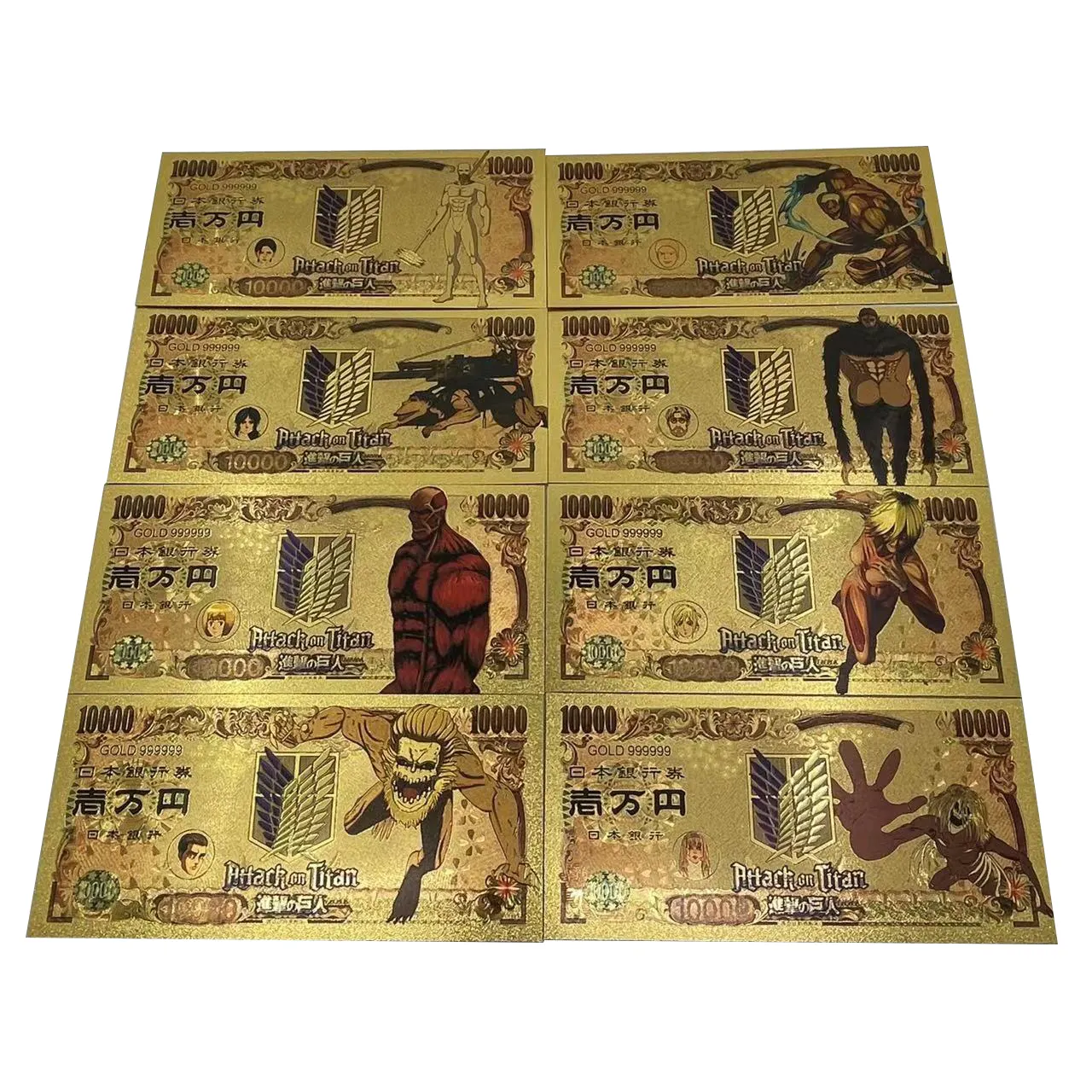 Cartes japonaises 10000 Yen Anime Attack on Titan billet de banque plaqué or 24k