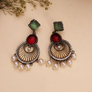 Royal Radiance Two-Tone <b>Earrings</b> With AD Work Green <b>Red</b> Stones Pearl <b>Drops</b> Fashion Jewelry - Product Image 2