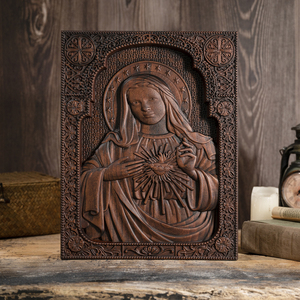 Arte Mural de Madera Hecho a Mano de la Virgen María, Tallado en Relieve de Corazón Radiante, Panel Decorativo para el Hogar - Product Image 4