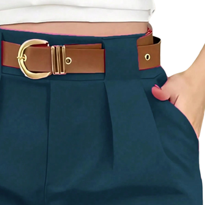 Shorts décontractés pour femmes à taille haute, plissés, avec ceinture, poches latérales, fermeture éclair, séchage rapide, respirants, motif uni, 100% polyester - Product Image 4