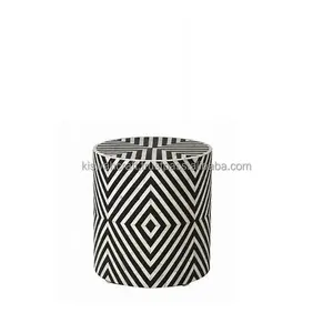 Modern Stylish <b>Vintage</b> Industrial Style Round Side <b>Stool</b> Top-Style Bone Inlay Furniture in Black and White for Living Room Decor - Product Image 2