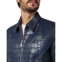 Bomber en cuir bleu pour hommes avec veste en cuir de mouton véritable en relief de crocodile