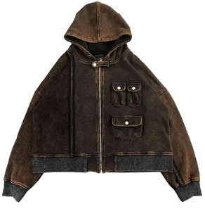 Sweat à capuche vintage lavé à l'acide pour homme 100% coton Streetwear lourd surdimensionné avec poches réversibles - Product Image 4