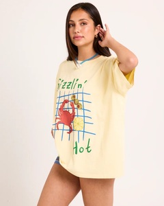 T-shirt pour femme en coton/polyester, été, écologique, manches courtes, col rond côtelé, imprimé graphique sur le devant, coupe ample - Product Image 5