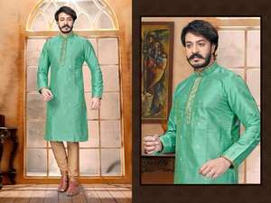 Manyavar Style Maruti Mode MF167 Hommes Mariage Indien/Pakistanais Ethnique Soie Kurta Pyjama Prix de Gros Multicolore Feuille - Product Image 4