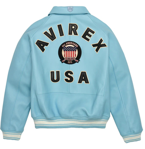 Best Selling Avirex <b>Men's</b> Custom Size <b>Leather</b> <b>Jacket</b> in Blue Stand Collar High Street Style <b>Leather</b> <b>Jacket</b> - Product Image 6