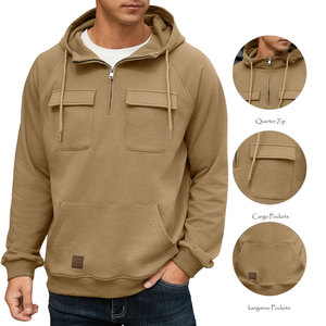 Pull-over à fermeture éclair pour hommes en plein air cargo 1/4 sweat-shirt de sport randonnée à capuche multi-poches vestes tissu 80% coton polyester - Product Image 1