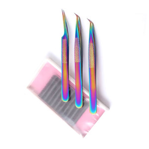 Ensemble de pinces à cils arc-en-ciel en acier inoxydable avec pointe en fibre revêtue de plasma, pinces à cils pour volume, Pakistan - Product Image 1