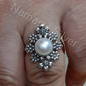 Handmade Boho Floral <b>Statement</b> <b>Ring</b> Sterling <b>Silver</b> with Pearls for Birthday Anniversary Christmas Valentine's Day Gift - Product Image 4