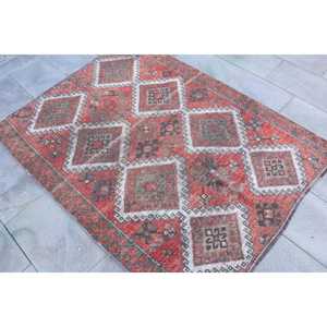 Vintage Turkish Rug, 4.2x5.6 ft Rug, <b>Red</b> Blue Solid <b>Wool</b> Rug - Product Image 2