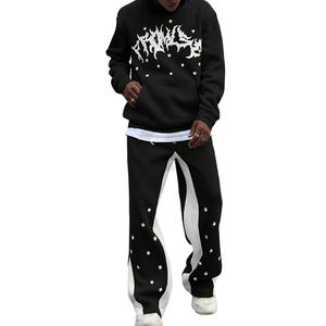 Custom Flared Two-Piece Acid Wash Vintage Eco-Friendly Breathable <b>Zip</b>-<b>Up</b> <b>Hoodie</b> & Pants Track Suit for Men's - Product Image 1