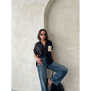 Topshow Women's <b>Linen</b> <b>Shirt</b> with Pocket Applique <b>Black</b> Wholesale Raw <b>Linen</b> Blouses & <b>Shirts</b> - Product Image 4