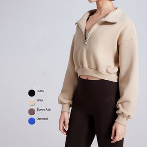 Sweat à capuche mi-zippé pour femme, automne-hiver, manches longues, col montant en velours, ample, décontracté, veste de sport, haut de yoga décontracté - Product Image 2