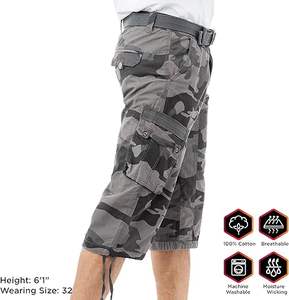 Hot Selling <b>Men's</b> 3/4 Casual Cargo Shorts Black Camo Inseam Knee Length Multi-Pockets <b>Belted</b> Long Shorts Customized Sublimated - Product Image 6