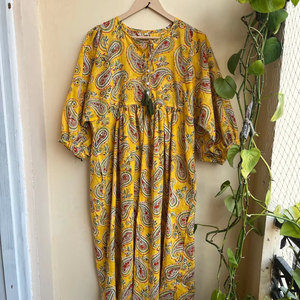 Bohème Floral coton Maxi robe main bloc imprimé indien ethnique tenue décontractée avec gland et bouton décor 100% coton matériel - Product Image 1