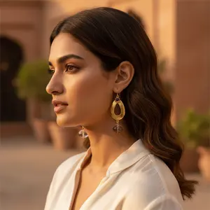 Pendientes Largos de Amatista en Forma de Lágrima Chapados en Oro para Mujer, Accesorio de Moda - Product Image 1