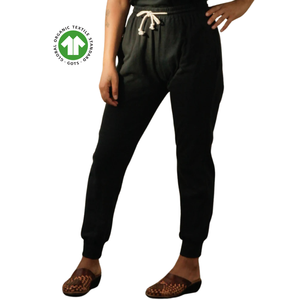 Pantalon de jogging en coton biologique pour femme-Noir, jersey 5.4 oz, respirant avec ceinture extensible et poignets côtelés - Product Image 2