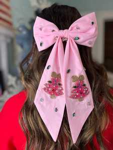 Premium Fabric Rhinestones Sparkling Festive Look Custom Christmas Embellished Hair <b>Bow</b> <b>Pink</b> Oversized Holiday Beaded Tree - Product Image 2