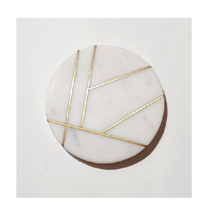 Sous-verre en pierre de marbre naturel sous-verre porte-gobelet sous-verre rond en marbre avec incrustation en laiton avec design unique ensemble de 4 pièces - Product Image 1