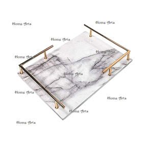 Bandeja de Servir Alimentos de Mármol con Diseño Fantástico y Asas de Metal, Tamaño Personalizado, Forma Rectangular, Bandeja de Alimentos en India - Product Image 1