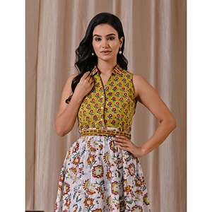 Vestido sin mangas con estampado de bloques verde y blanco, cuello elegante, tallas XS-XL, ropa casual ODM para discoteca, transpirable y natural. - Product Image 1