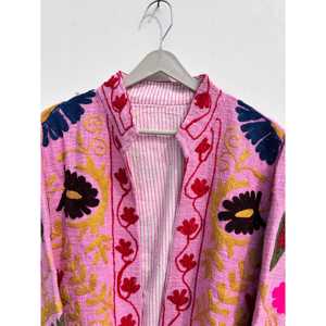 Handmade Reversible Suzani Embroidered Floral Breathable Woven Stand Collar Ladies Boho <b>Kantha</b> Quilt Hooded Cotton Spring <b>Jacket</b> - Product Image 3