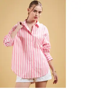 Camisa de algodão com listras de verão feita sob medida com cartela frontal e traseira adequada para designers e revendedores de roupas