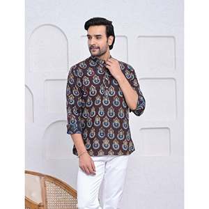 เสื้อคุर्ตาผ้าฝ้ายพิมพ์ลายลำลองสำหรับผู้ชาย แขนยาว ผ้าป๊อปลิน ระบายอากาศได้ดี ลายดอกไม้ - Product Image 1