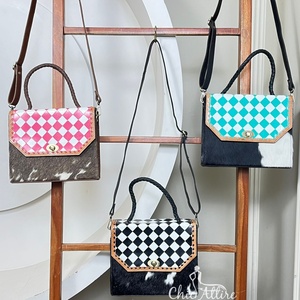 Bolso Bandolera de Cuero Vacuno Auténtico con Diseño de Cuadros, Estilo Occidental, con Asa Superior, para Mujer - Product Image 1